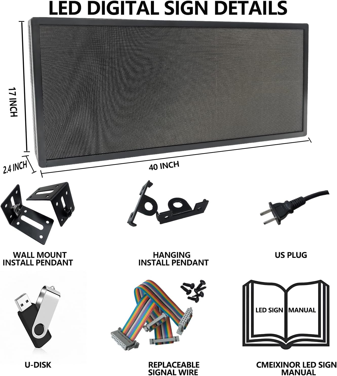 P3 Full Color LED Scrolling Programmable Sign Brightness Adjustable, IP65 Outdoor Digital Message Board, WiFi + USB Control Led Message Signs for Restaurant to Display Text/Images/Video 40''x17''