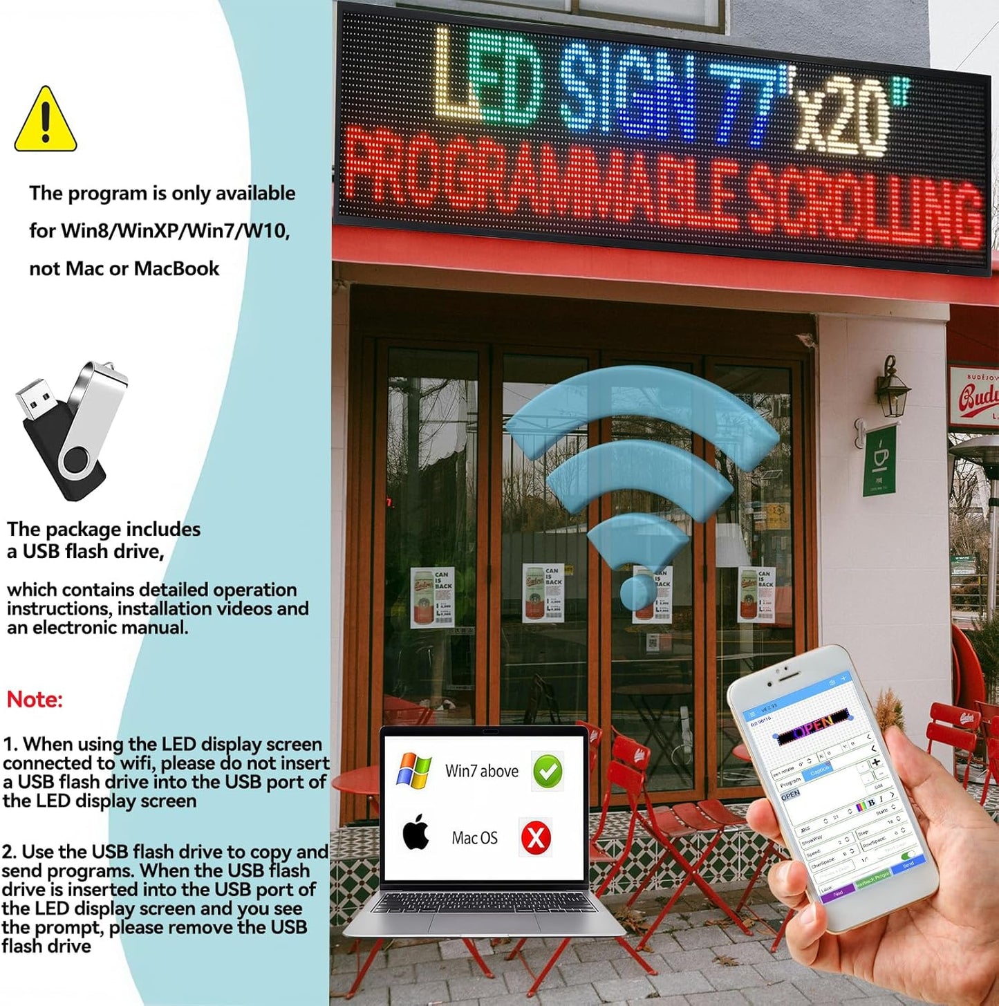 Outdoor P10 LED Scrolling Programmable Sign, Bright High Visibility Digital Led Signage Displays, Message Signs for Business, Restaurant, Window Shop