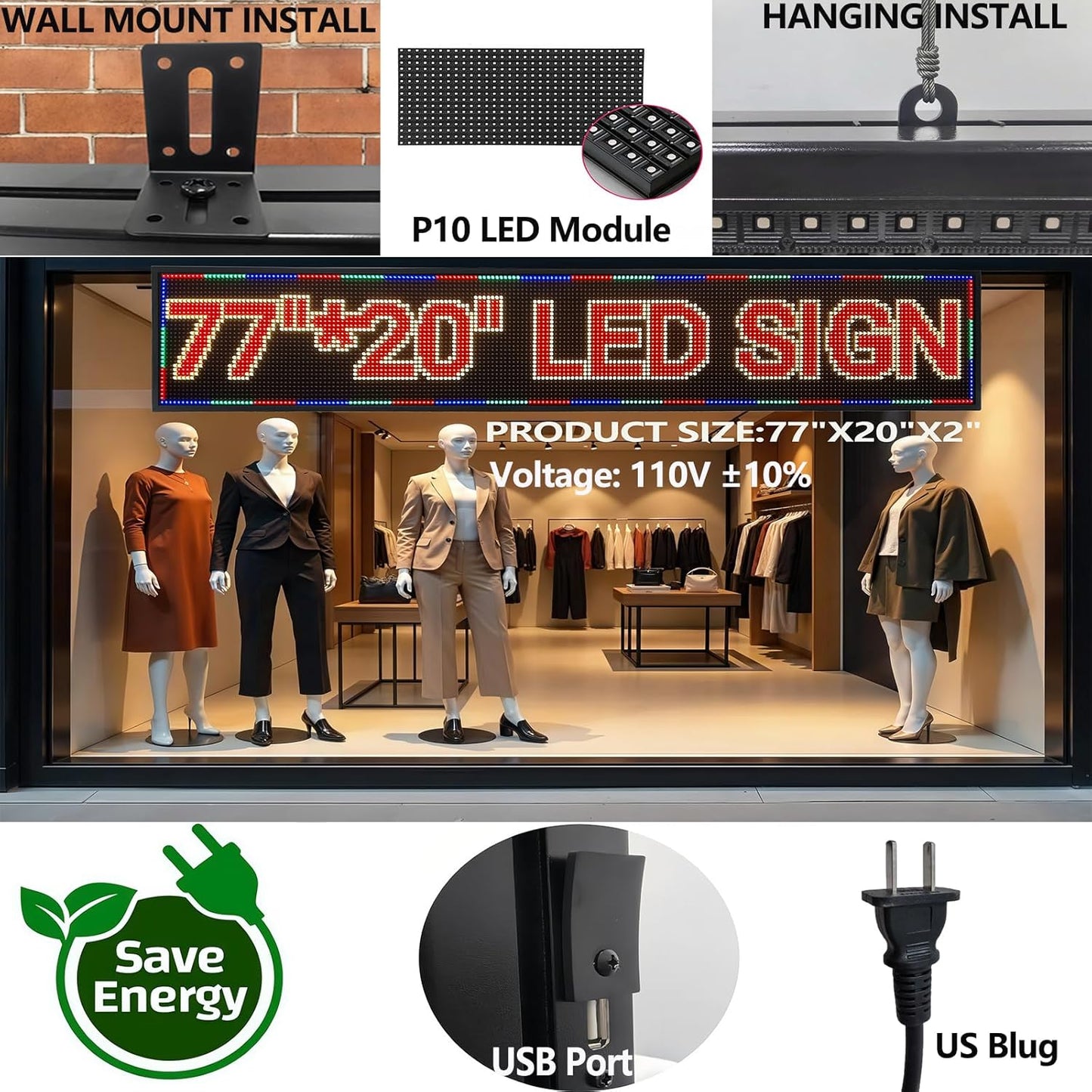Outdoor P10 LED Scrolling Programmable Sign, Bright High Visibility Digital Led Signage Displays, Message Signs for Business, Restaurant, Window Shop